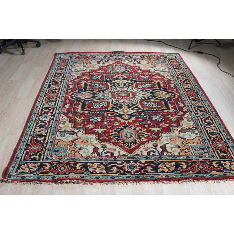 Aaryn-Paul Oriental Red Hand Knotted Wool Red / Navy Traditional Classic Area Rug, Rectangle 10' x 14'