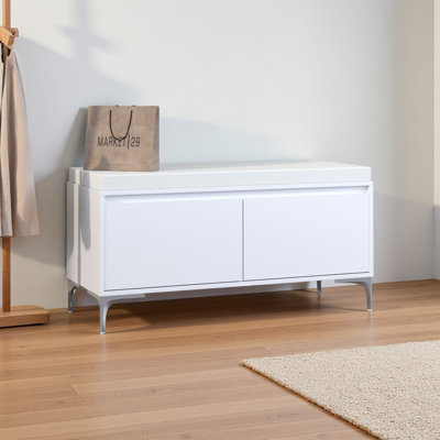 Wall-Mounted Entryway Shelf with Hooks and Storage Bench Set, Modern Shoe Cabinet with Cushion and Closed Storage for Hallway, Bedroom, or Mudroom
