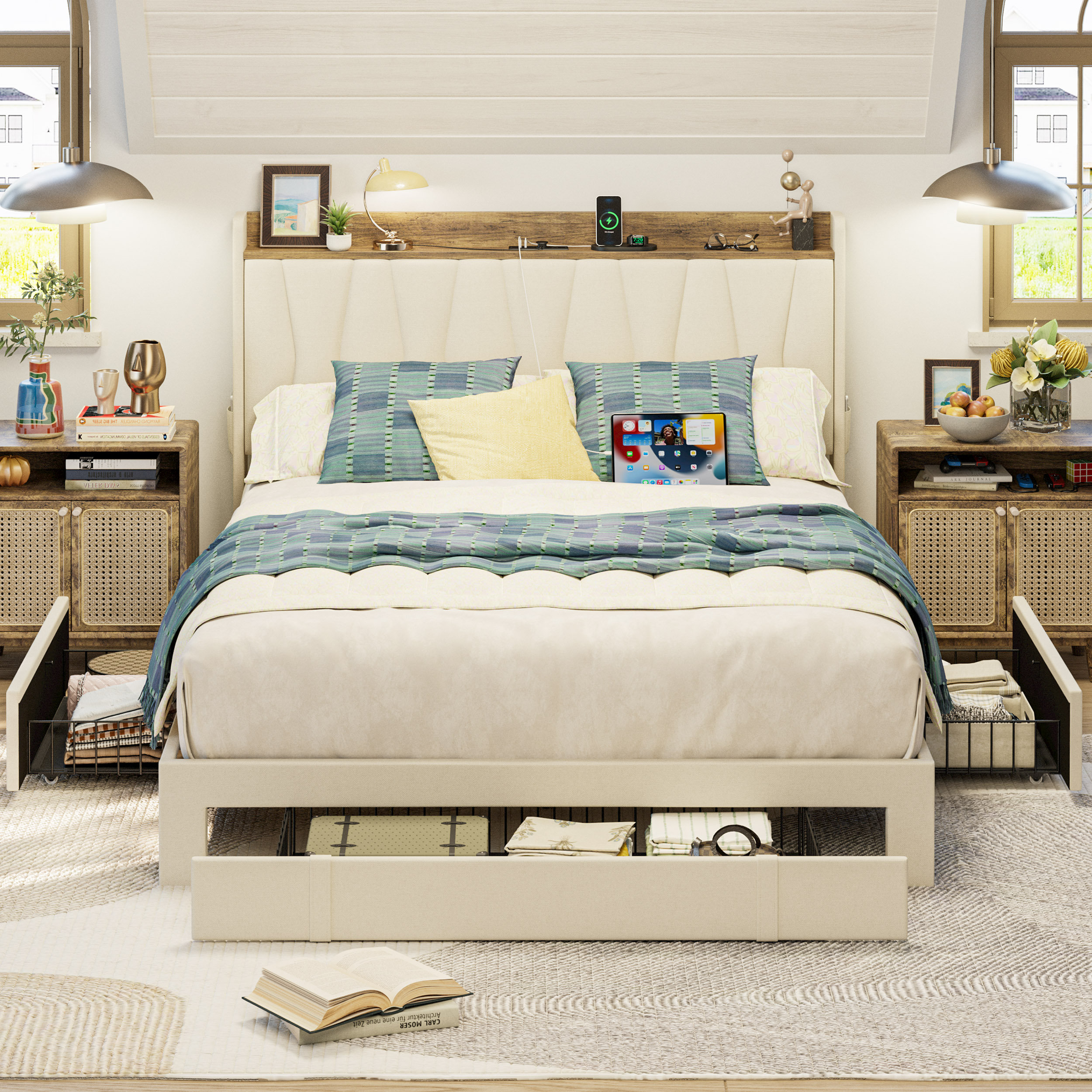Ivy Bronx Upholstered Bed Frame with 3 Drawers, Bed with Storage