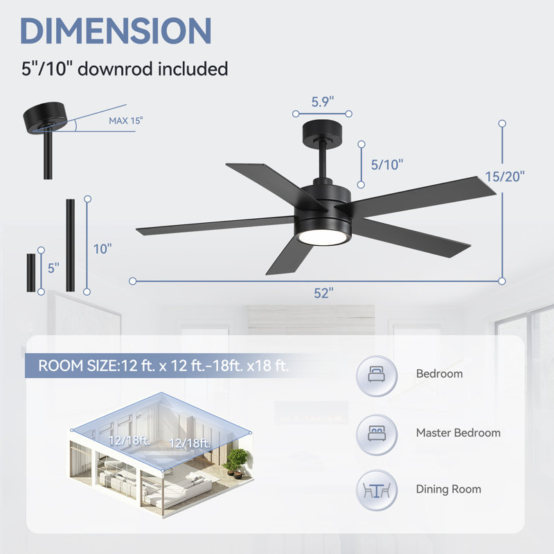 Beil Large Modern Ceiling Fan with Light Kit and Remote Control, 3 LED Colours, 6 Speed Noiseless DC Motor, 5 Plywood Blades, for Indoor/Covered Outdoor Use