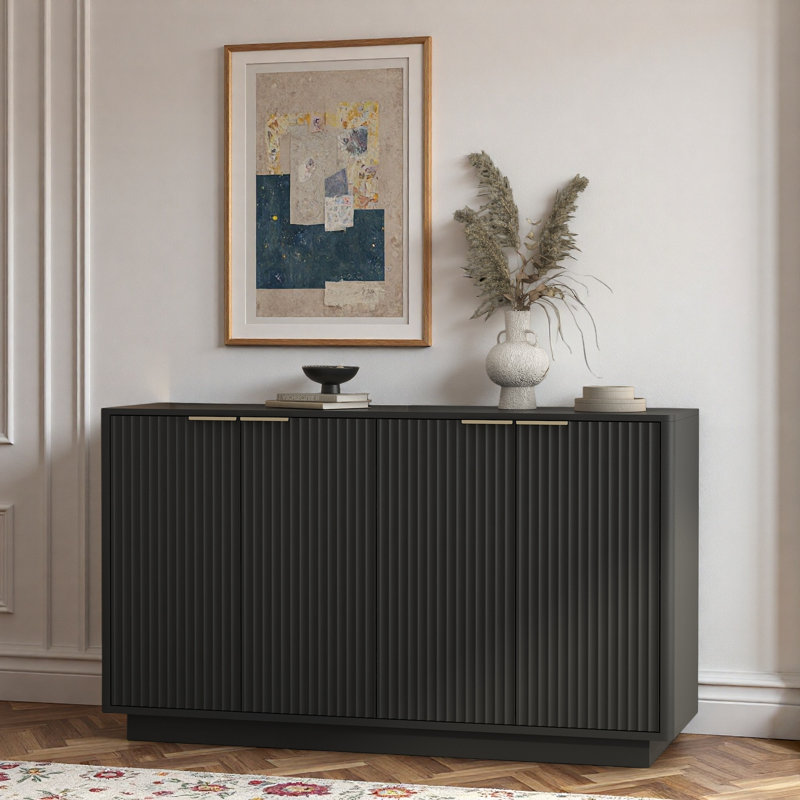 Modern Fluted Sideboard With Adjustable Shelves And Metal Handles, Black