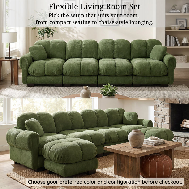 Ensemble de canapé modulaire surdimensionné en chenille avec coussins, vert sauge, Canapé seulement, Vert sauge