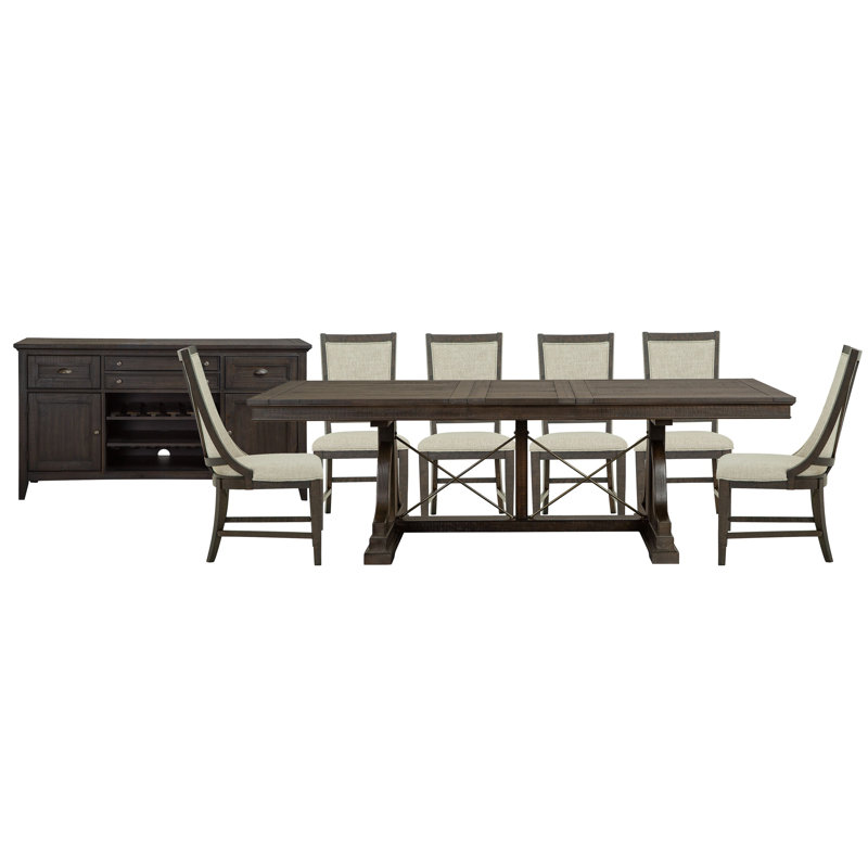 Extendable Trestle Dining Table With 4 Upholstered Side Chairs 2 Host Chairs And Buffet, 8 Pieces: Table, Buffet, 6 Chairs