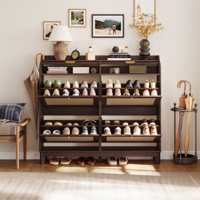 Rangement à chaussures en rotin avec tablettes réglables et pieds en bois massif, étagère à chaussures Boho