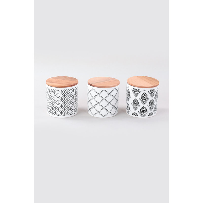 Elegant Ceramic Storage Box Set (6 Pieces) - 100% Ceramic Stoneware, Antibacterial & Environmentally Friendly | 4.7 x 4.7 x 3.9 inches (3 Boxes) with 4.7-inch Wooden Lids | Dishwasher & Microwave Safe, Stylish White & Black Design