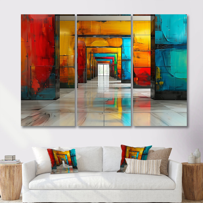 «Red Blue Colorful Glass Tunnels II - Tunnels», ensemble d'art mural, Toile tendue, H 28 po x l 12 po x P 1 po