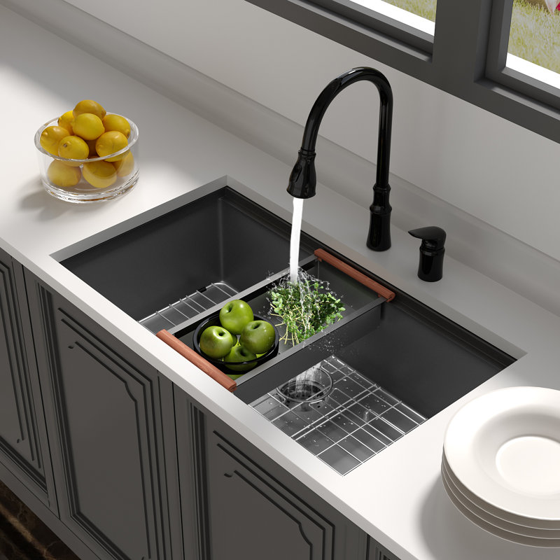 Évier de cuisine encastré à cuve simple en acier inoxydable de calibre 16 noir L 30 po x l 18 po