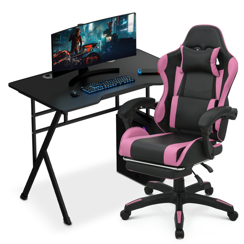 Gaming Desk & Chair Combo Set, Carbon Fiber Computer Table with Adjustable Ergonomic Chair for Home Office, Pink/Black