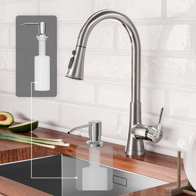 Kitchen Faucet with Pull Down Sprayer, Single Handle, Stream/Spray/Pause, Brushed Nickel, Includes Deck Plate & Soap Dispenser