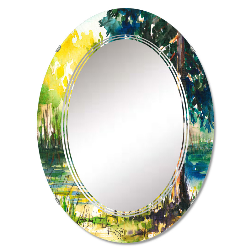 Paysage avec arbre bleu au bord de l'eau - Miroir mural ovale, 30 po x 20 po
