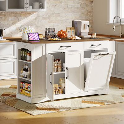 51.2" Kitchen Island With Power Outlet & Drop Leaf, Rolling Storage Cart With Trash Can Cabinet by Winston Porter