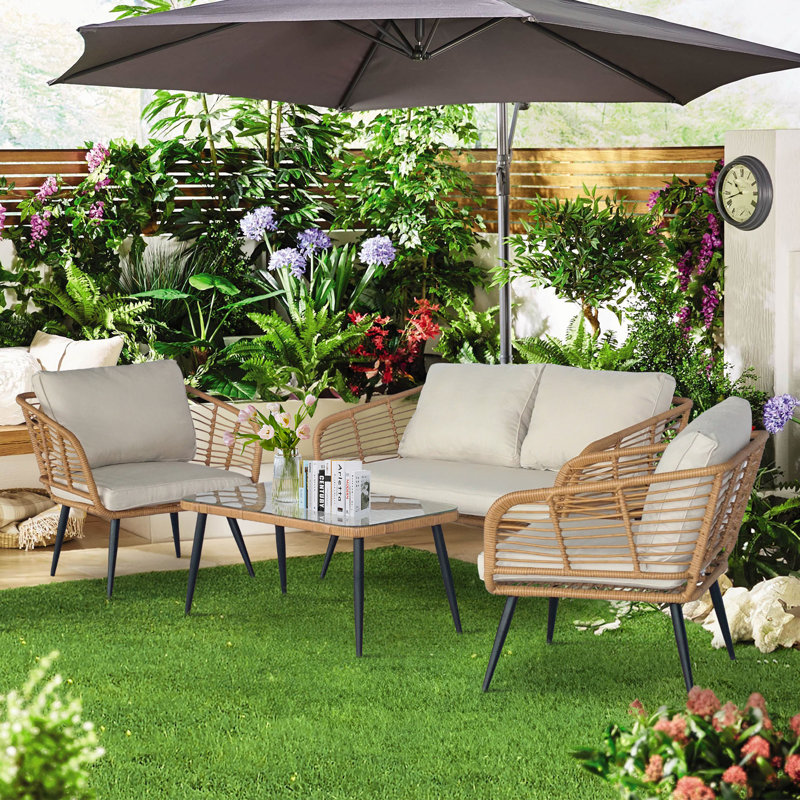 4-Person Patio Conversation Sets with Cushions, Cream