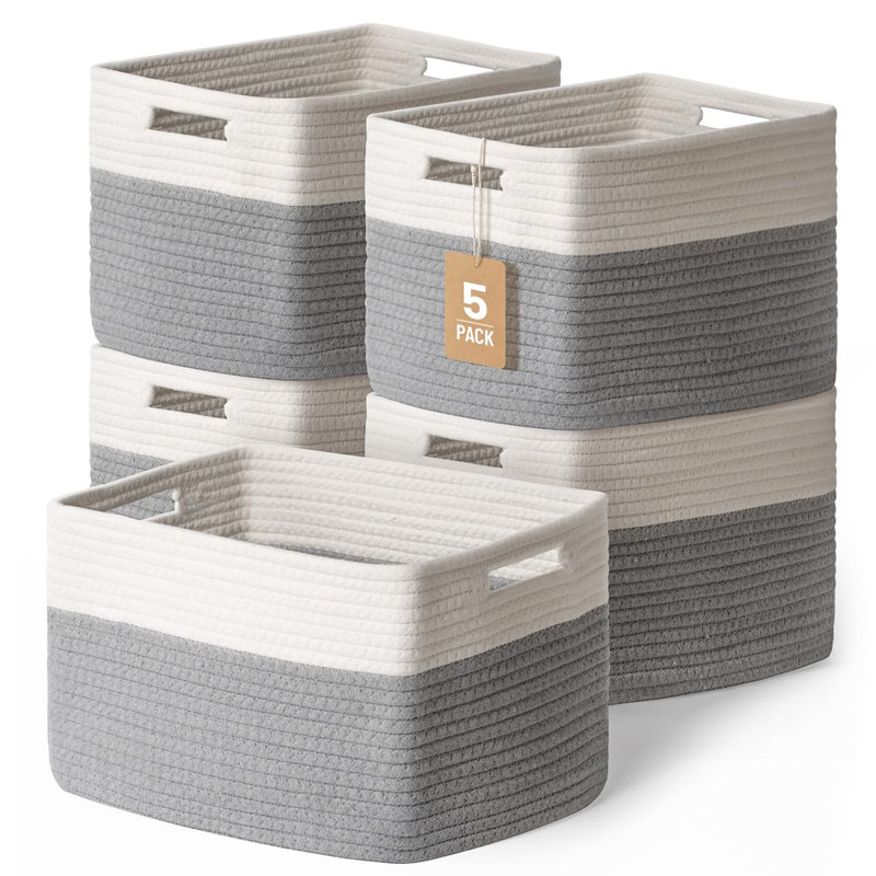 Set of 5 Decorative Cotton Rope Woven Storage Baskets, Multipurpose Organizer Bins for Shelves, Closet, Nursery, Bathroom, Storing Toys, Books & Clothes