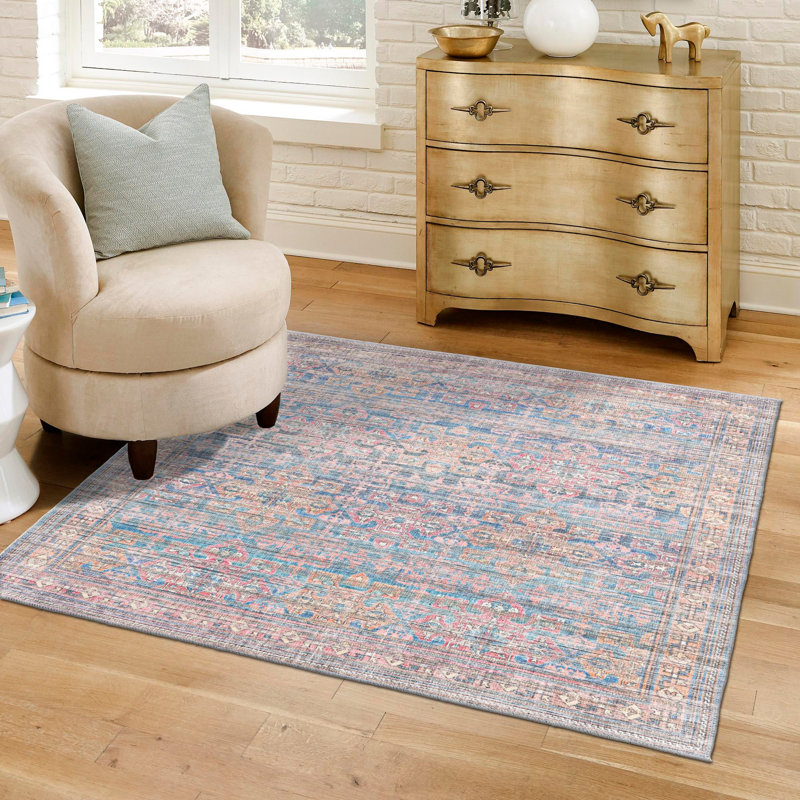 Tapis bleu tissé à la machine Hadsell, Carré 7 pi 10 po