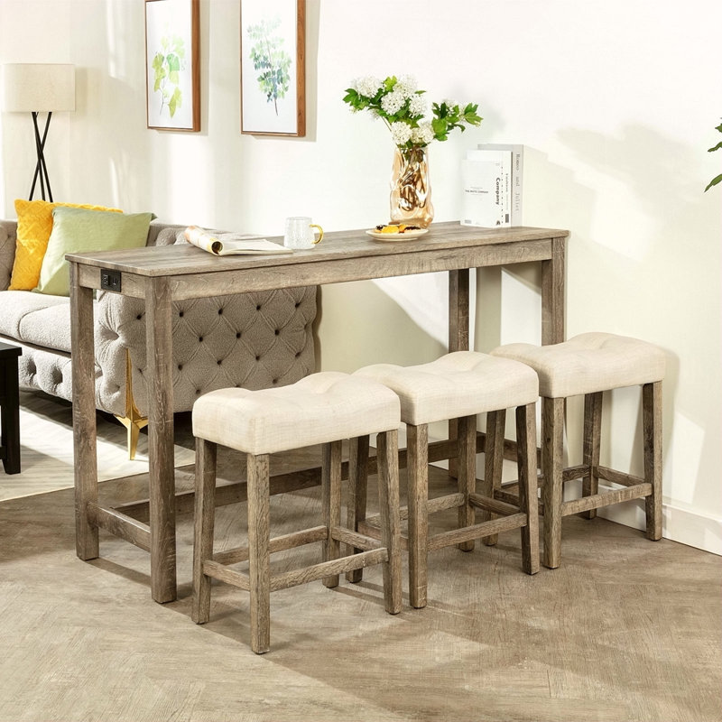 4 Piece Bar Table Set With Power Outlet,Bar Table Set With Chairs,Sofa Bar Table With Stools,Behind Couch Table With 3 Padded Stools,For Living Room,Dining Room