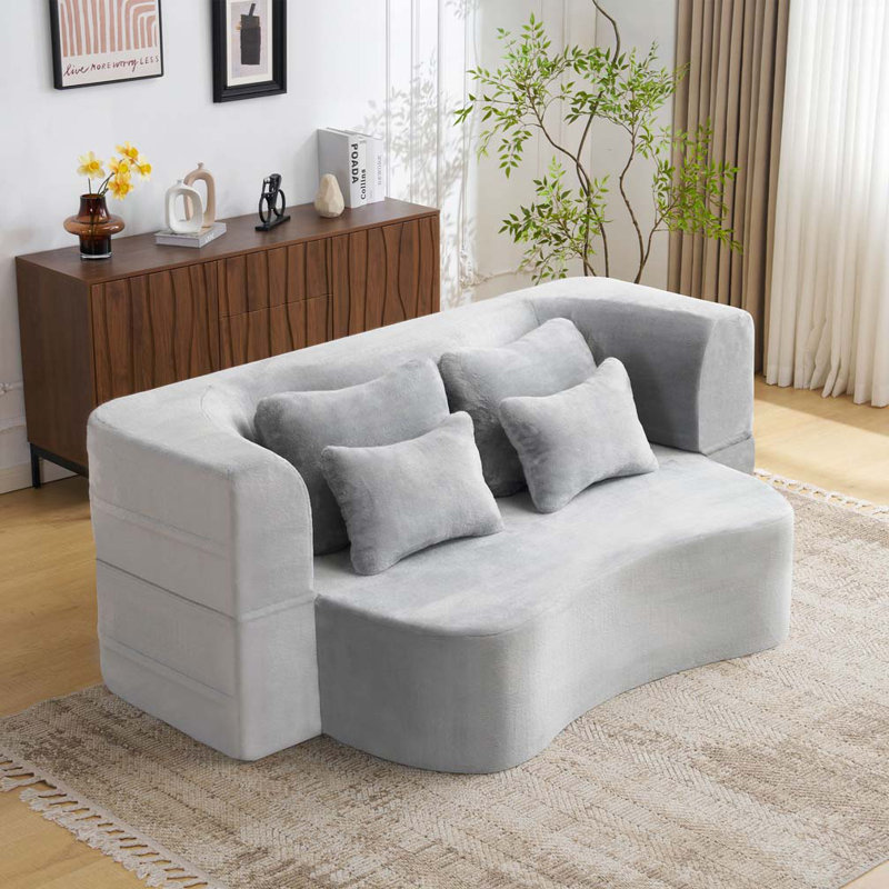 Canapé futon en tissu moelleux comprenant 4 coussins, aucun assemblage requis, Gris clair