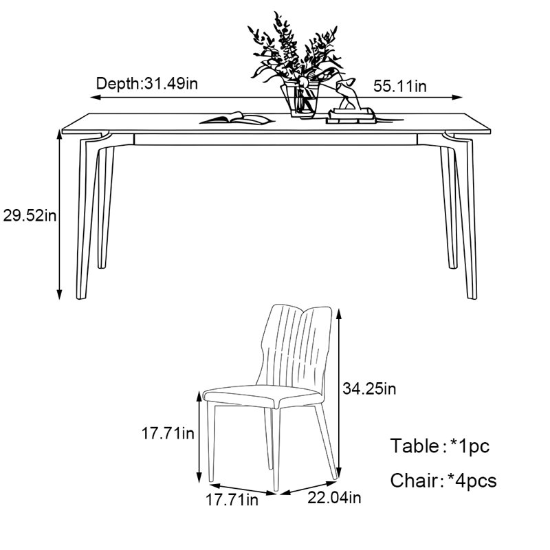 Stainless steel rectangular dining table set, 29.52"H x 55.11"L x 31.49"W
