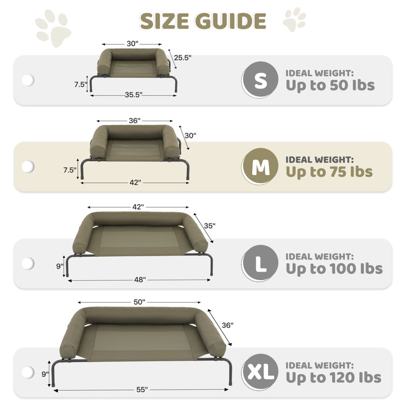 Portable Elevated Pet Bed Dog Cot Bed With Removable Bolster, Extra Small (35.5" W x 25.5" D x 7.5" H), Dark Green