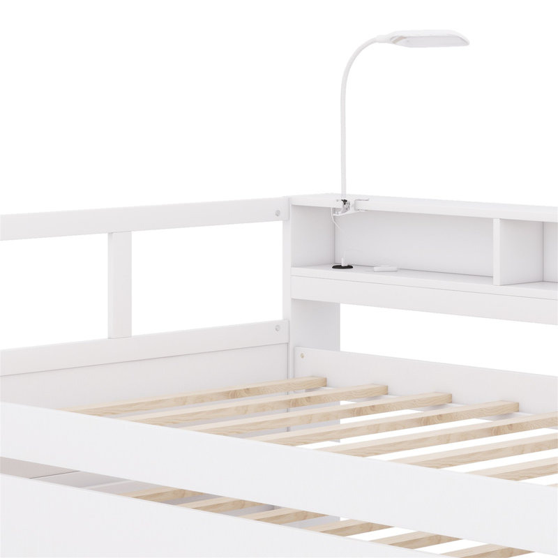 Vroman Twin XL Wooden Daybed with Trundles, Storage Cubbies, Light for Free and USB Charging, Beige