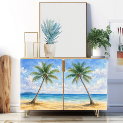 Buffet étroit de 35,4 po de largeur - armoire de rangement d'appoint à 2 portes avec palmiers tropicaux à l'aquarelle, imprimé plage de sable bleu et pieds en métal