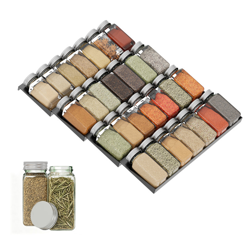 4-Tier Spice Drawer Organizer with Spice Jars and 386 Spice Labels, Seasoning Rack Tray Insert for Kitchen Drawer Storage