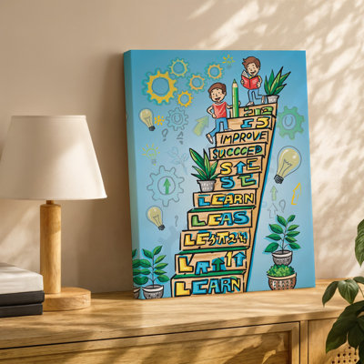 Toile, scène illustrée vibrante représentant un escalier fantaisiste menant vers le haut, art mural symbolisant la croissance personnelle à chaque étape
