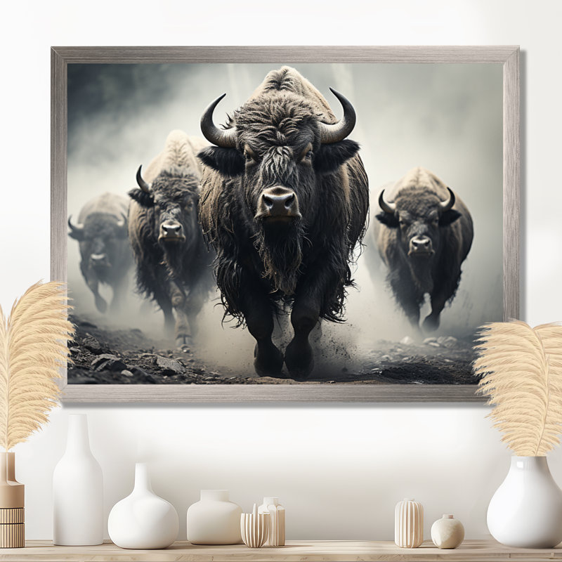 Grey Buffalo Gentle Guardians I Framed On Canvas Print, 12" H x 20" W x 1" D, Brown Floater Framed