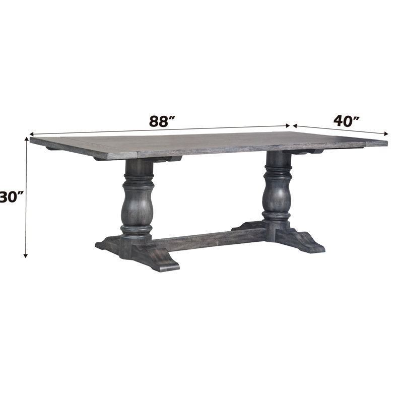 Table de salle à manger élégante à finition grise patinée avec plateau fixe rectangulaire et base stable en bois massif à double pilier