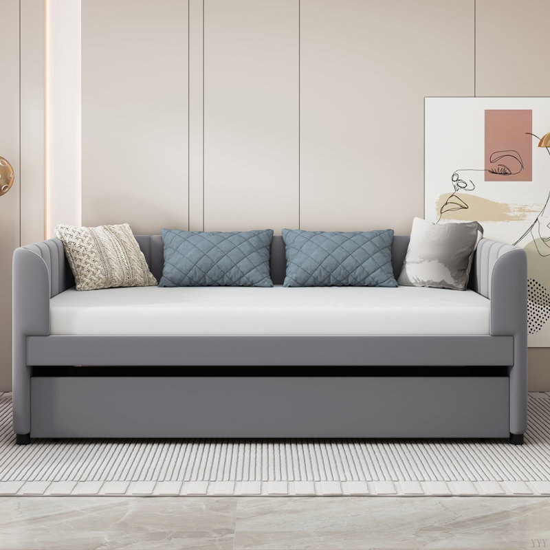 Upholstered Daybed With Ergonomic Design Backrest And Trundle, Gray