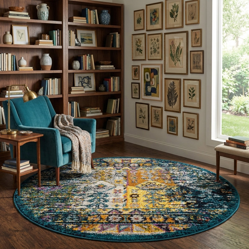 Tapis Kristen Naplate, Teal, Rond 3 pi 1 po