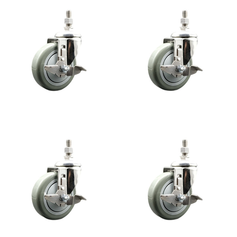 316SS Polyurethane Swivel Threaded Stem Caster Set Brake