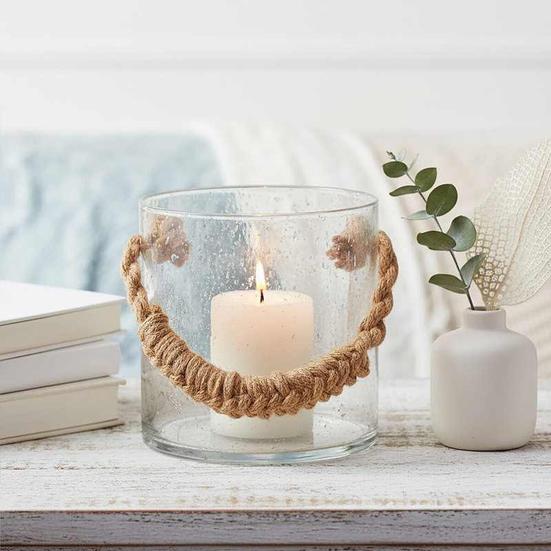 Glass Tabletop Lantern, Clear/Natural, 15cm H x 15.50cm W x 15.50cm D