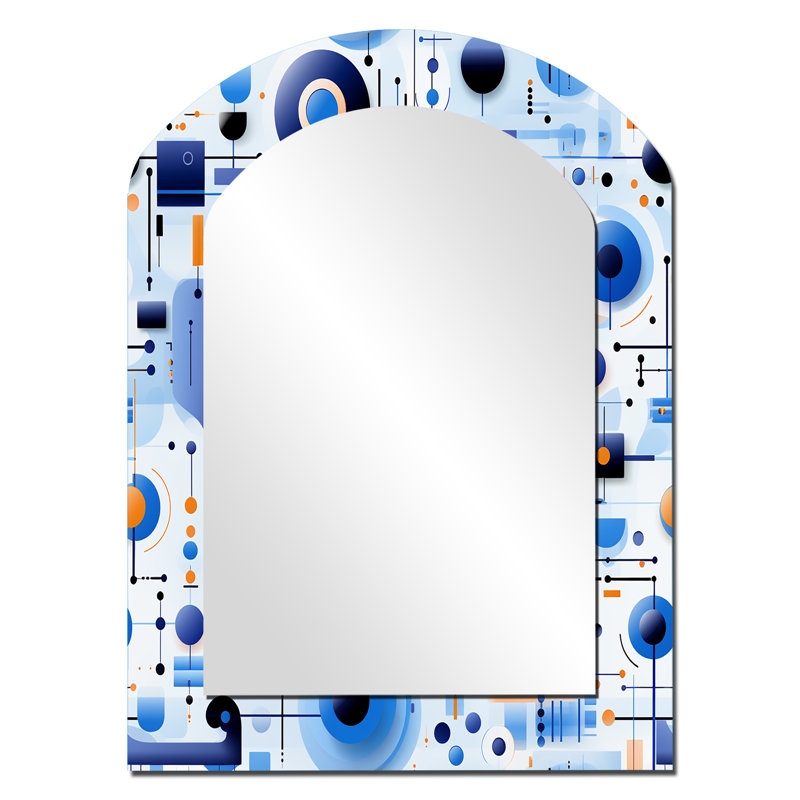 Bleu et blanc Matrix Grid - Grand miroir mural arqué sur métal, 34 po x 25 po