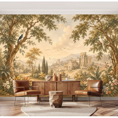 Murale papier peint auto-adhésif Vintage Forest Landscape Tall Trees Birds Classical Ruins