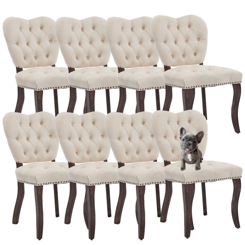 Chaise de salle à manger capitonnée et rembourrée en bois massif (ensemble de 8), Beige