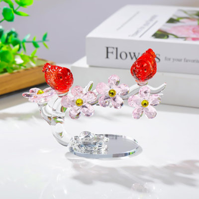 Crystal Bird Pair on Blossoming Branch Figurine with Pink Flowers