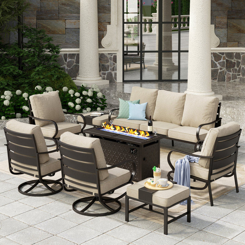 Tapasi 9 - Person Patio Conversation Set with Swivel Lounge Chairs & Optional Firepit Table, Beige, Yes