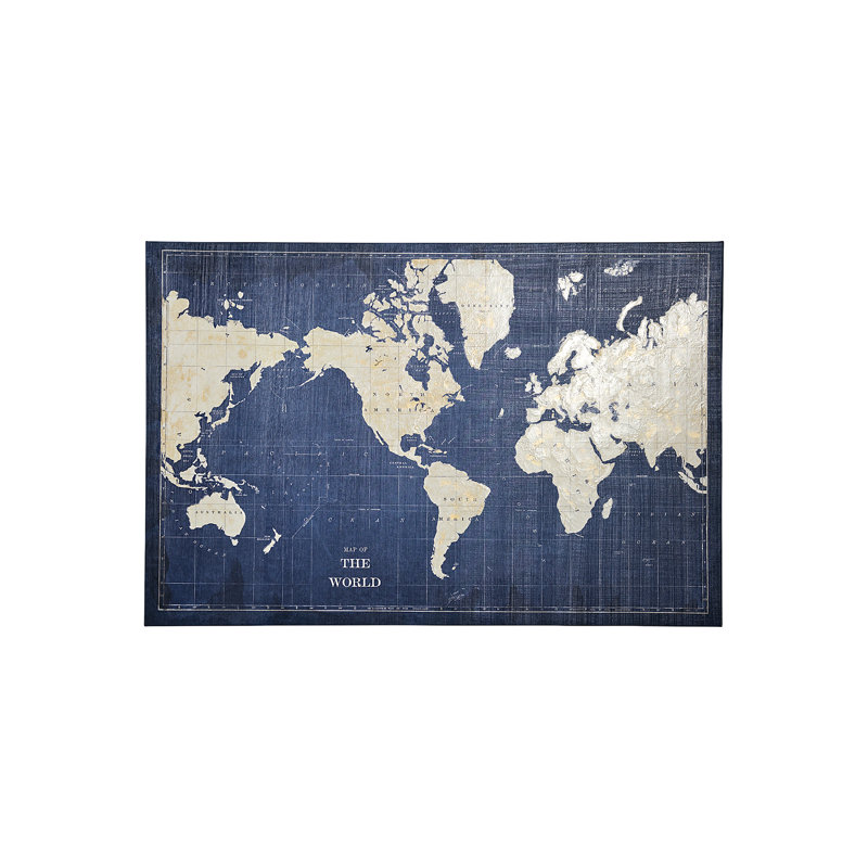 «Blueprint World Map» par Sue Schlabach, toile texturée brodée à la main, H 34 po x l 51 po x P 3 po