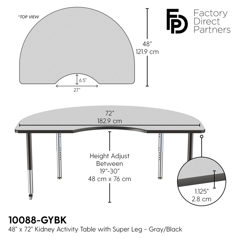 Table d'activité 48 "x 72" avec moulures en T et pieds réglables, Gris/noir, Super