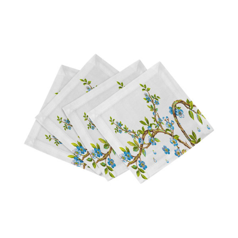 Serviettes de cocktail en satin de coton Cherry Blossom, Bleu
