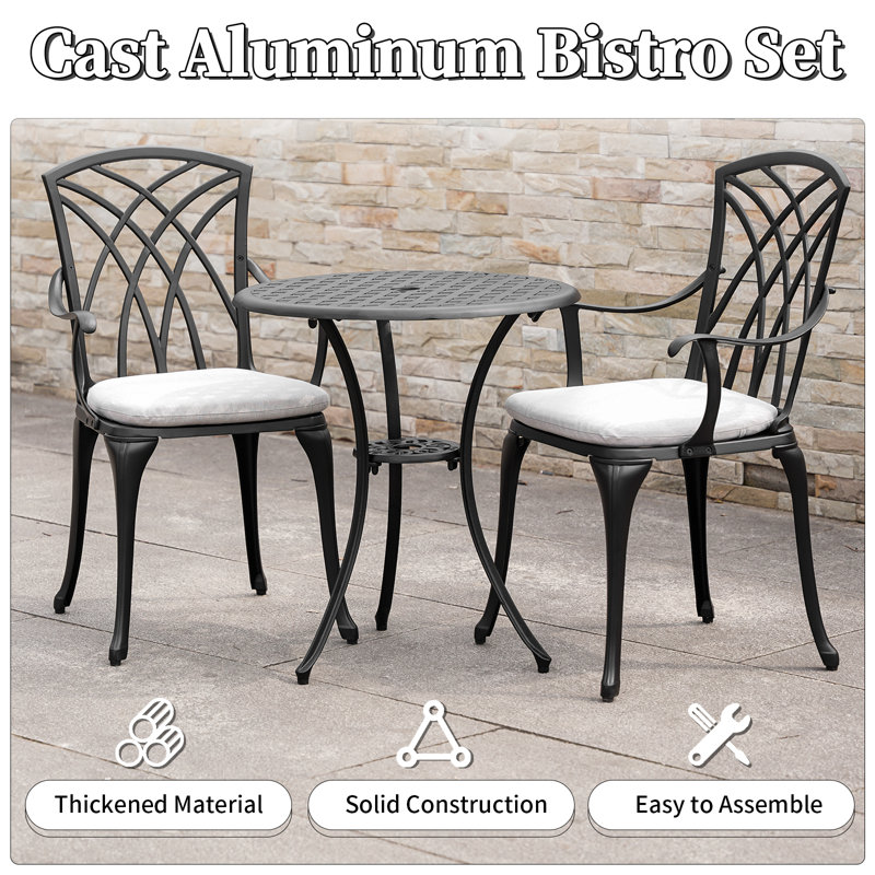 3 Piece  Cast Aluminum Outdoor Bistro Table and Chairs Set of 2 with Cushion,Patio Bistro Sets with 1.97" Umbrella Hole for Garden,Black
