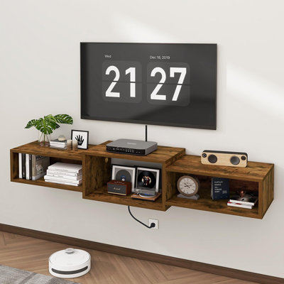 Meuble télé flottant mural avec prise de courant, tablette média brun rustique pour rangement sous la télé