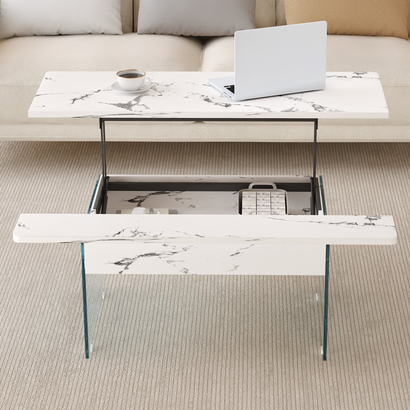 Table basse moderne à plateau relevable en faux marbre avec compartiment caché, Blanc