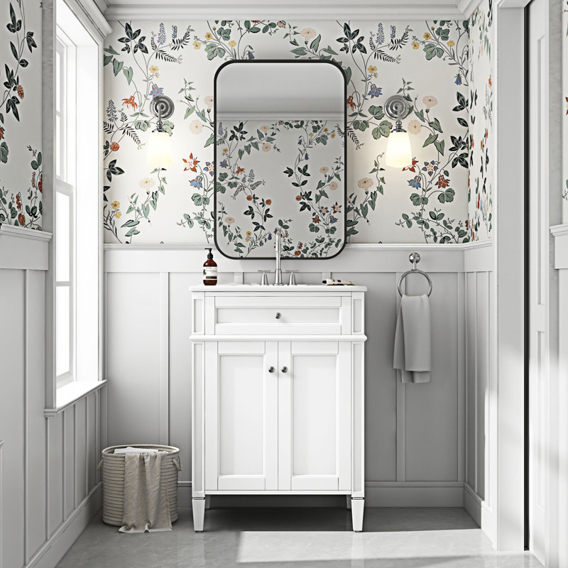 Meuble-lavabo de salle de bain avec portes, tiroir basculant et lavabo, Argent argent, Blanc