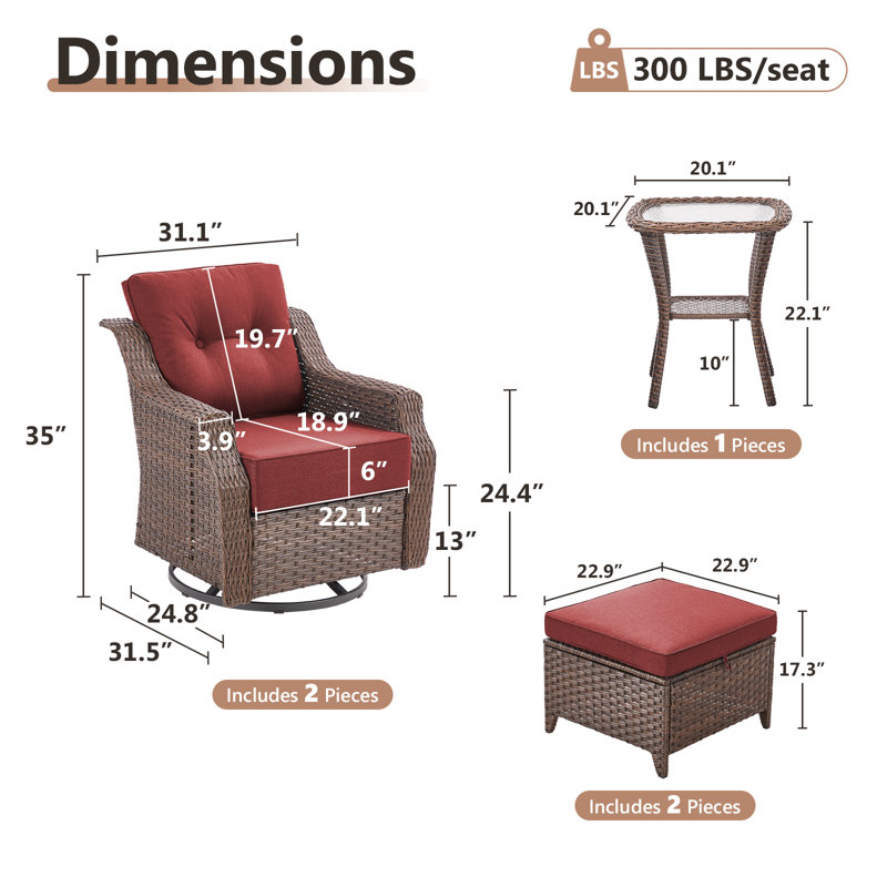 Ensemble de conversation berçant et pivotant avec repose-pieds et coussins de 6 po Acton, Rouge
