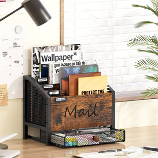 Rivosar Letter Holder with Drawer 4 Slots Adjustable Desk Magazine Literature Rack for Home Office