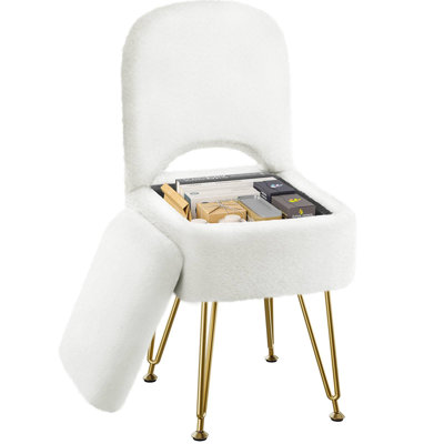 Petit tabouret de coiffeuse avec rangement et dossier rabattable, repose-pieds carré en fausse fourrure de 13,4 po x 15 po x 30 po, 4 pieds en métal avec pieds antidérapants, siège rembourré pour le maquillage, chambre à coucher, blanc