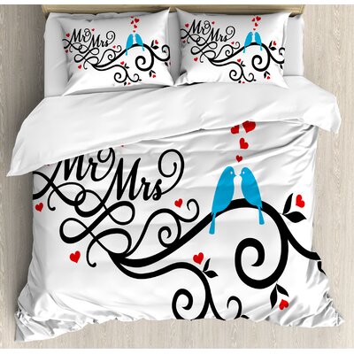 Wedding Decorations Mr. and Mrs. Swirled Branches with Hearts and Two Love Birds Duvet Cover Set -  Ambesonne, nev_35169_king