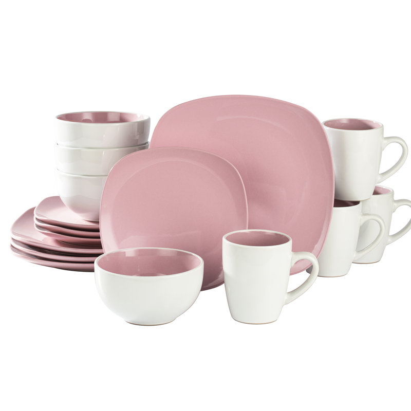 Nova 16 Piece Ceramic Dinnerware Set - Service for 4, Pink/White