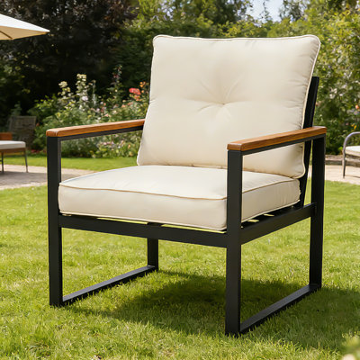Steel Patio Furniture Armchair Set of 2, 27.1x27.9x31.5 Inch, Steel, Patio Seating, Beige,Black